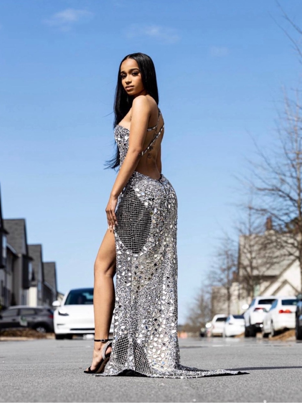 Silver Sequin Open-Back Maxi Dress